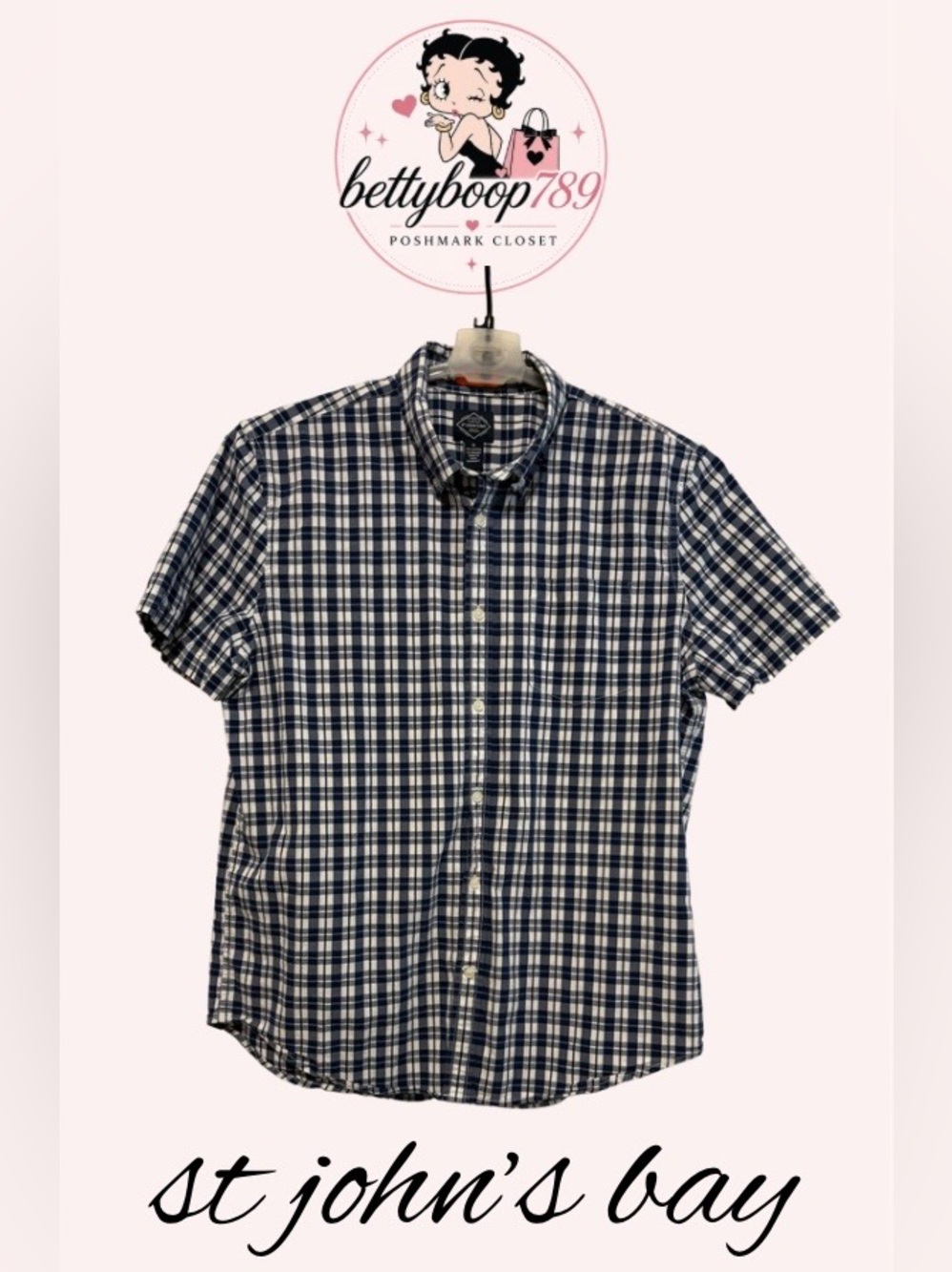St. John's Bay Navy and White Plaid Short-Sleeve Button-Down Shirt